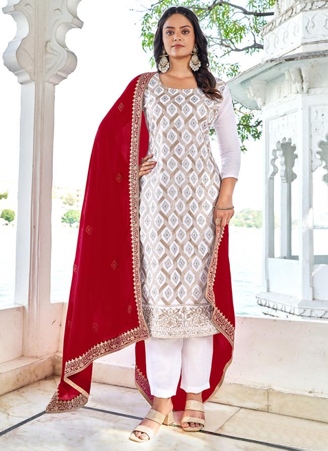 Vichitra Red Party Wear Embroidery Work Straight Suit